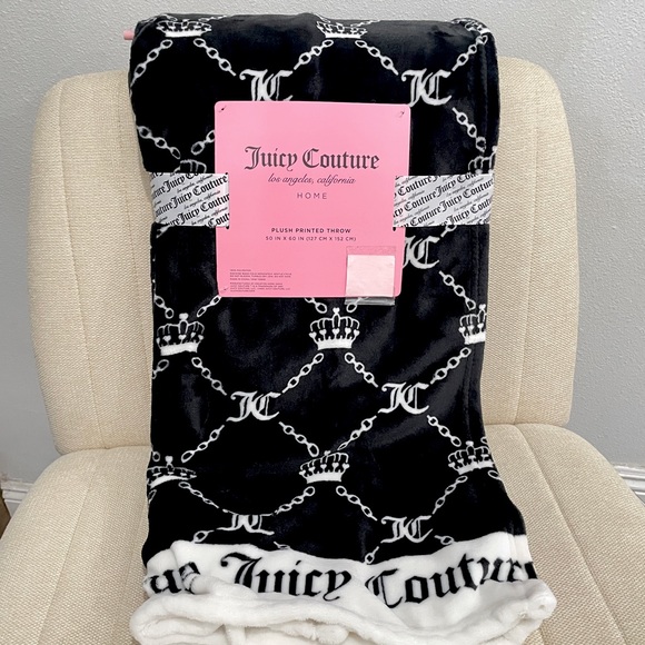 NEW Juicy‎ Couture Black and White Chain Pattern Plush Throw Blanket Logo - Picture 1 of 4